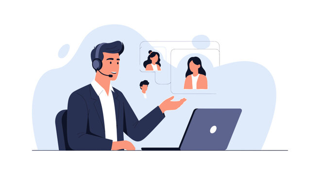 Customer service agent with headset on video call with clients, remote work concept