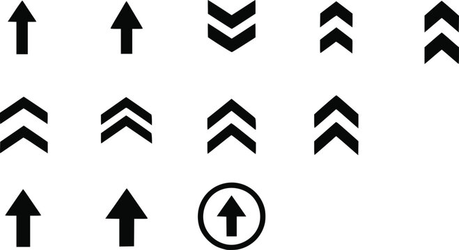 Set of black arrow including upward pointing arrows and chevron symbols direction