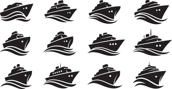 Collection of black cruise ship silhouettes on white background