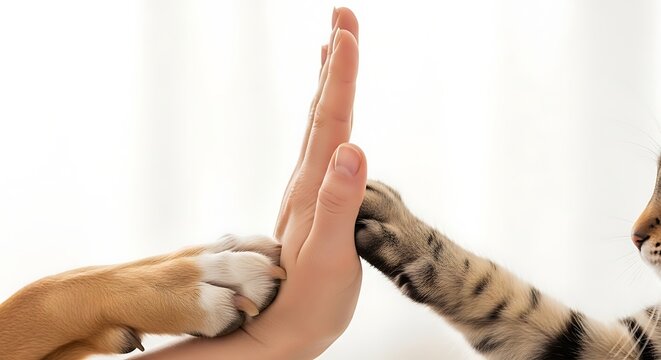 Cat and dog paw touching human hand
