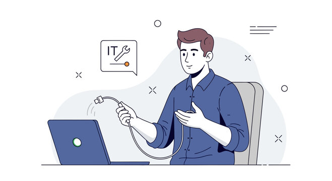 IT Professional Connecting Cable to Laptop for Tech Support and Network Setup