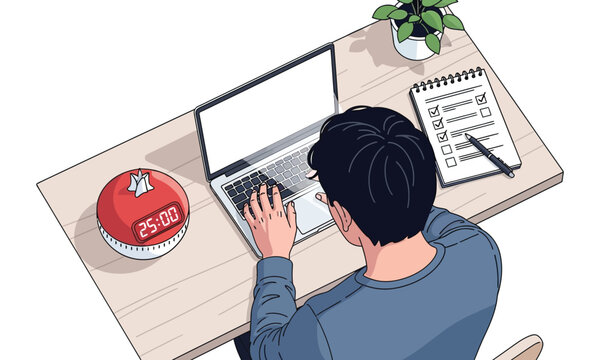 Top view of student using laptop with pomodoro timer and task list.