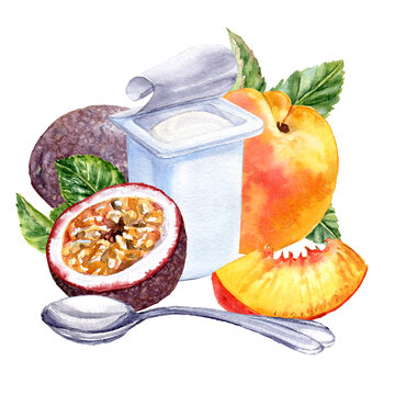 Yogurt with Peach and Passion fuit in watercolor technique