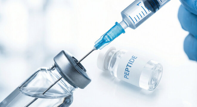 Medical Professional Drawing Peptide Solution from Glass Vial with Syringe