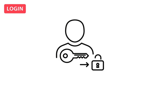 A minimalist vector graphic illustrating a person unlocking a padlock with a key, symbolizing secure login and access