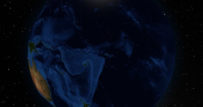 Wallis and Futuna Islands on the Globe. Zoom into the country with the Earth spinning in space. High detail physical world map with Wallis and Futuna Islands on it. Country view animation.