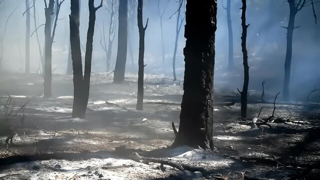 Burnt forest after wildfire with smoke haze and sunlight rays