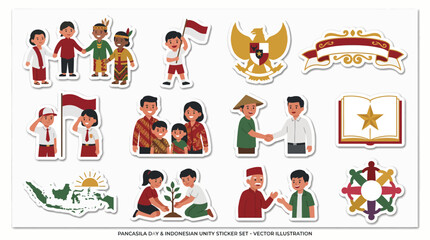 Obraz premium Indonesian Unity and Diversity Sticker Set with Cultural Symbols and People.