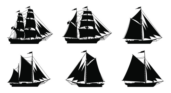 A collection of detailed sailing ship illustrations in a striking black silhouette high quality professional modern elegant stylish clean crisp vibrant
