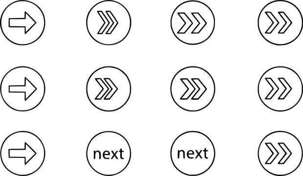Set of twelve circular featuring black outline arrows and the word next on white background