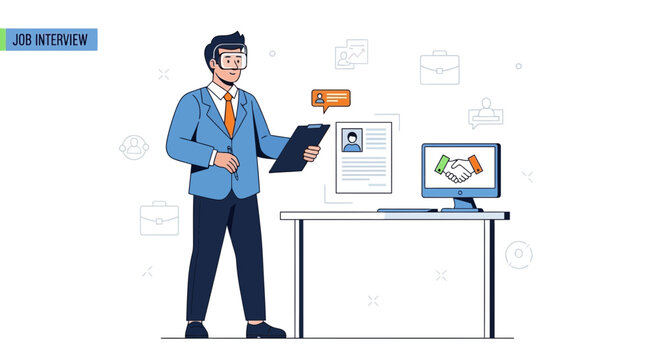 Man in VR headset in job interview, virtual reality recruitment, modern hiring process