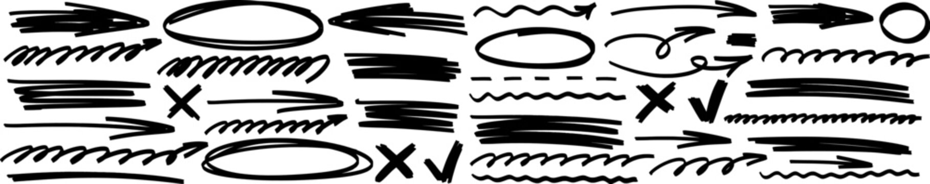 Bright hand drawn sketch with highlight and marker texture, arrow guides the line, pen and pencil shape underline, stroke and shape.