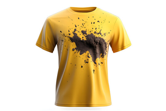 Yellow cotton t-shirt with a large dirty mud stain isolated on a white background