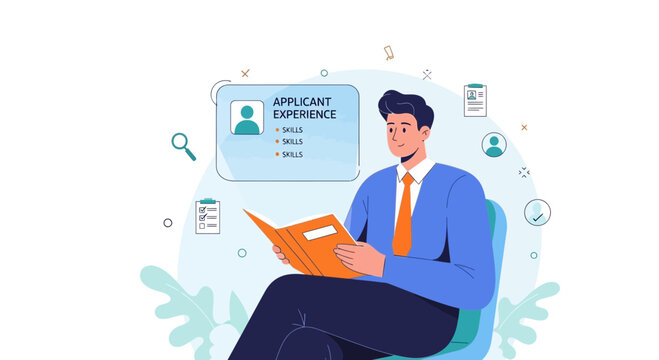 Man reviewing applicant experience and skills for job hiring, recruitment concept