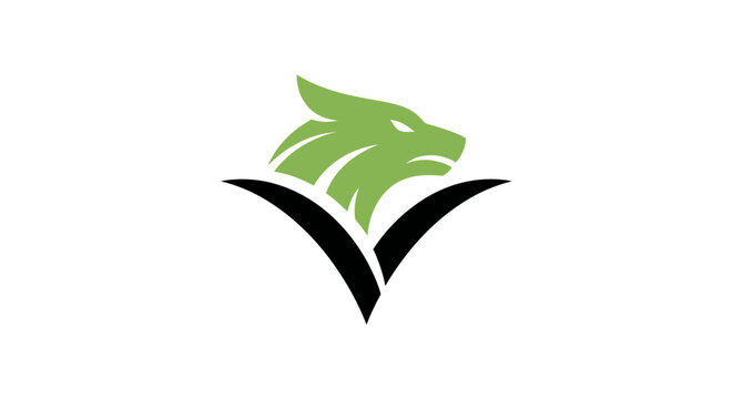 Green wolf head emblem with black stylized v shape on white background