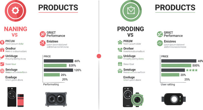 Product comparison infographic vector with pricing features performance charts and rating metrics for marketing presentation and business analysis reports