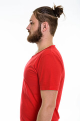 Obraz premium Profile Portrait of Bearded Man in Red V-Neck T-Shirt - Casual Male Style