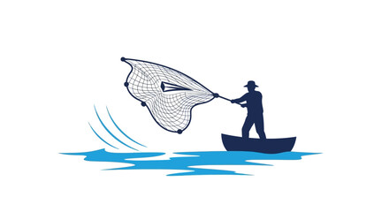 Man in boat with fishing net. © logyartstudios