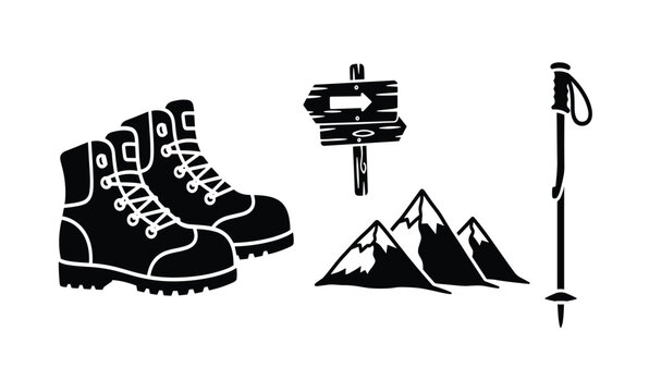 Hiking boots and trekking poles set.