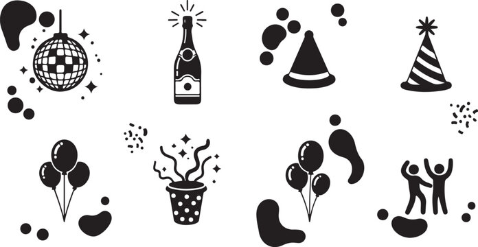 Party Celebration Icons and Symbols in Black and White