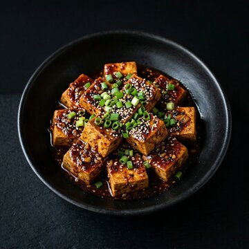 Dubu jorim 두부조림  cubes in spicy soy glaze with green onions, black dish, solid black background.