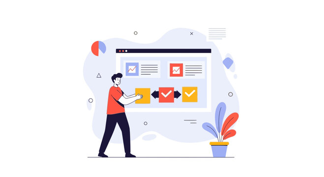 Man organizing workflow steps on a digital interface, business process illustration