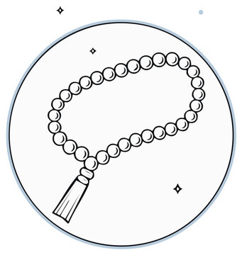 Black and white vector icon of Islamic tasbih prayer beads for spiritual meditation and faith