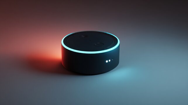 Black amazon echo smart speaker with glowing blue light on edge and red light on side on gradient background