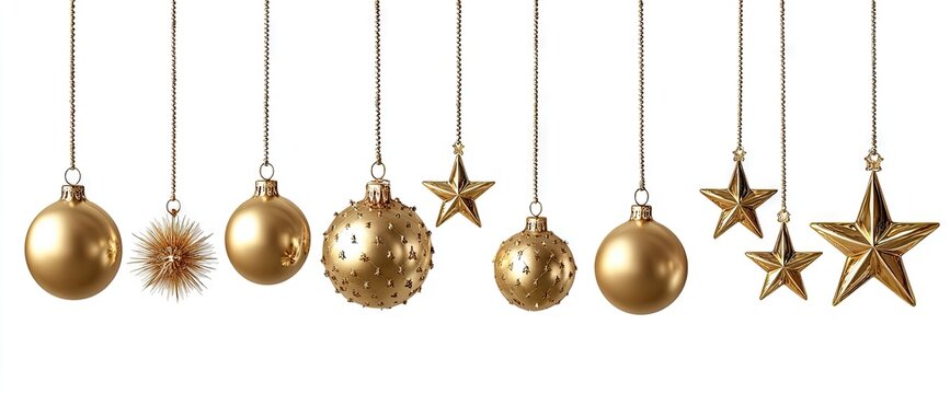 Golden ornaments and stars hanging against a white background for holiday design