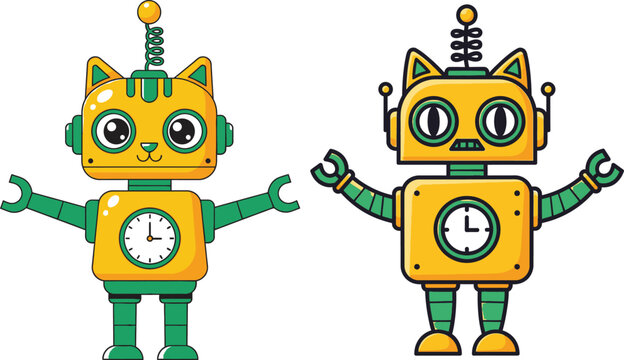 Two cute cartoon cat robots with green and yellow design