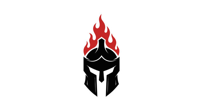 Spartan helmet symbol with fiery flames isolated on white background