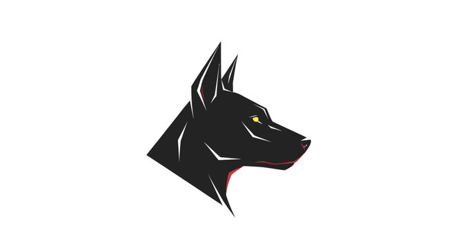 Stylized black dog head profile with yellow eyes isolated on white