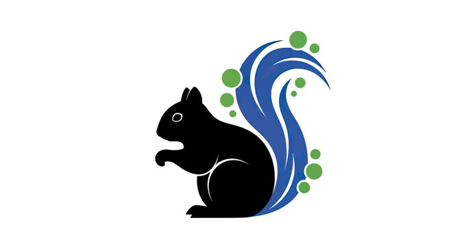 Stylized black squirrel logo with blue wave and green bubbles on white backdrop