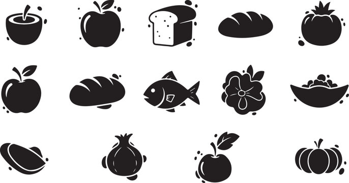 Food icons set with fruits and vegetables in black