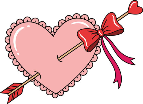 Romantic heart with arrow and ribbon bow representing love valentine relationship greeting card vector illustration
