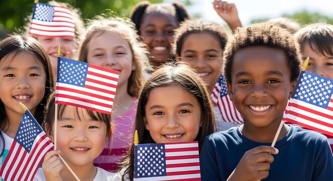 Diverse group of happy children holding american flags
