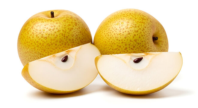 Fresh ripe asian pears with slices isolated on white background, healthy fruit snack for vegan diet, asian pear