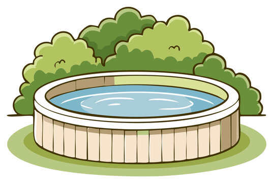 Outdoor hot tub with bubbling water surrounded by green bushes and grass in a backyard setting