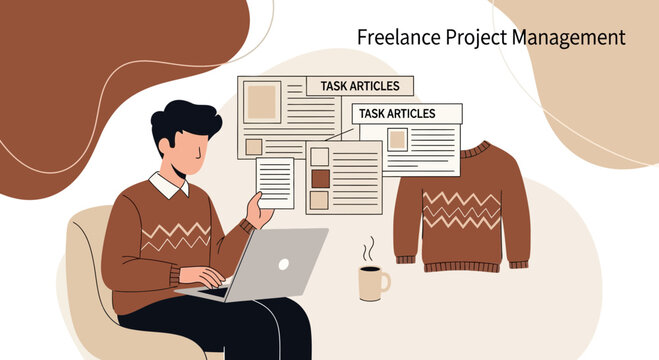 Freelance Project Management: Man working on laptop with tasks and sweater