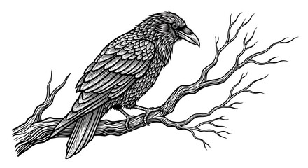 Obraz premium Raven perched on bare tree branch