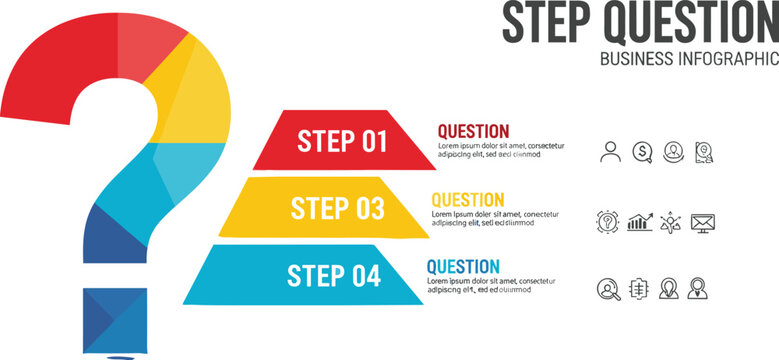 Question mark step infographic vector template for business process stages problem solving strategy and presentation design visualization