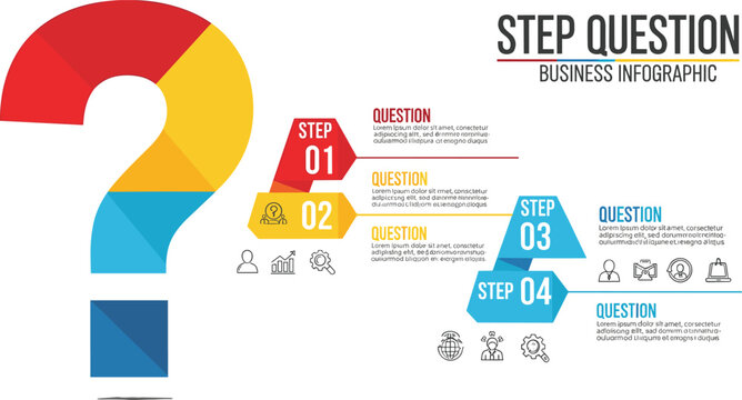 Question mark step infographic vector template for business process stages problem solving strategy and presentation design concepts