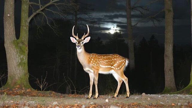 Sika deer in the forest on a moonlit night Deer herd under the moonlit night