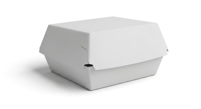 Isolated closed white burger box cardboard container for fast food packaging mockup, takeout delivery service, street food