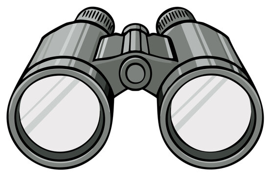 Detailed gray cartoon illustration of optical binoculars for vision and exploration