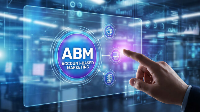Futuristic virtual touchscreen interface displaying abbreviation ABM for account-based marketing concept highlighting innovative business web development and corporate strategy technology