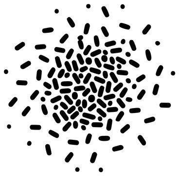 Abstract explosion of black oval shapes and dots on a white background