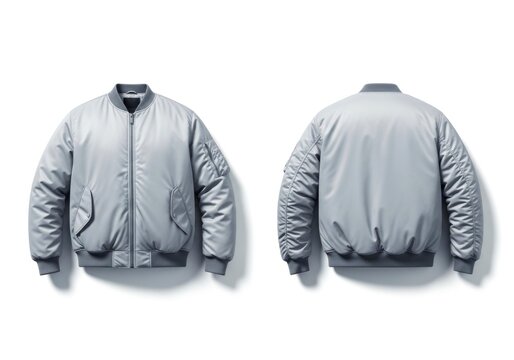 Isolated grey bomber jacket front and back view, urban streetwear fashion mockup, casual utility apparel template