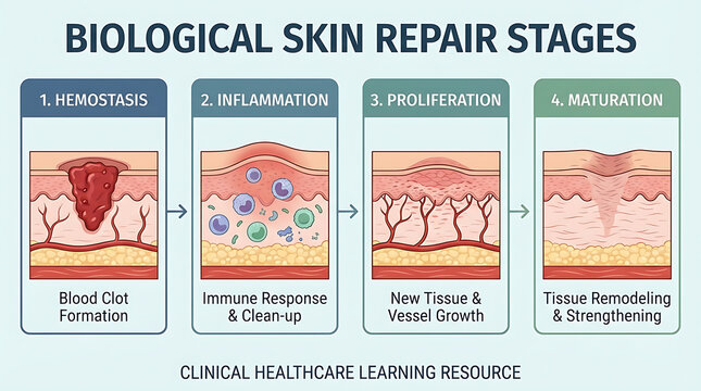 Comprehensive medical infographic detailing biological skin repair stages including hemostasis, inflammation, proliferation, and remodeling maturation for clinical healthcare education.