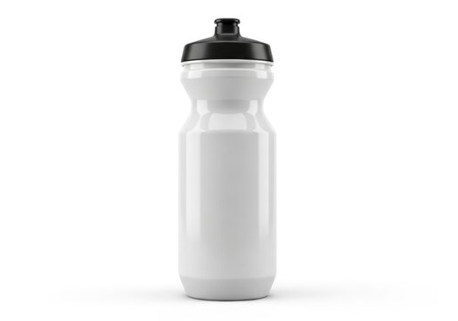 Isolated empty plastic bicycle water bottle with black cap, hydration gear for cycling, fitness training, sports accessory